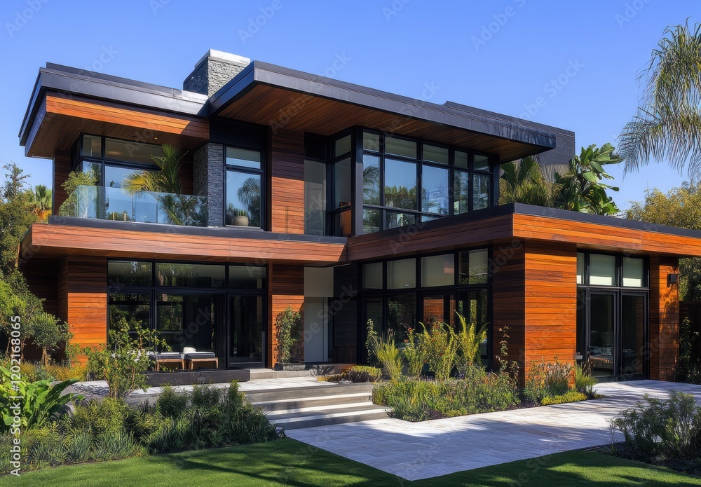 Modern architectural masterpiece featuring large glass windows, sleek wooden facades, and lush landscaping in a bright and sunny residential setting
