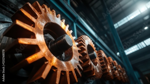 Detailed imagery of rust-colored gears and cogs in an industrial environment, capturing the essence of engineering precision and manufacturing processes. photo