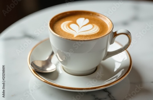 Close-Up of Espresso Cup with Saucer, Coffee Art, and Vintage Silver Spoon on Marble