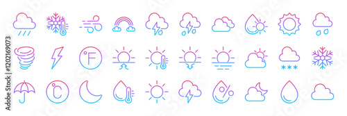 Weather and meteorology editable stroke outline icons set isolated on transparent background flat vector illustration. Pixel perfect. 64 x 64