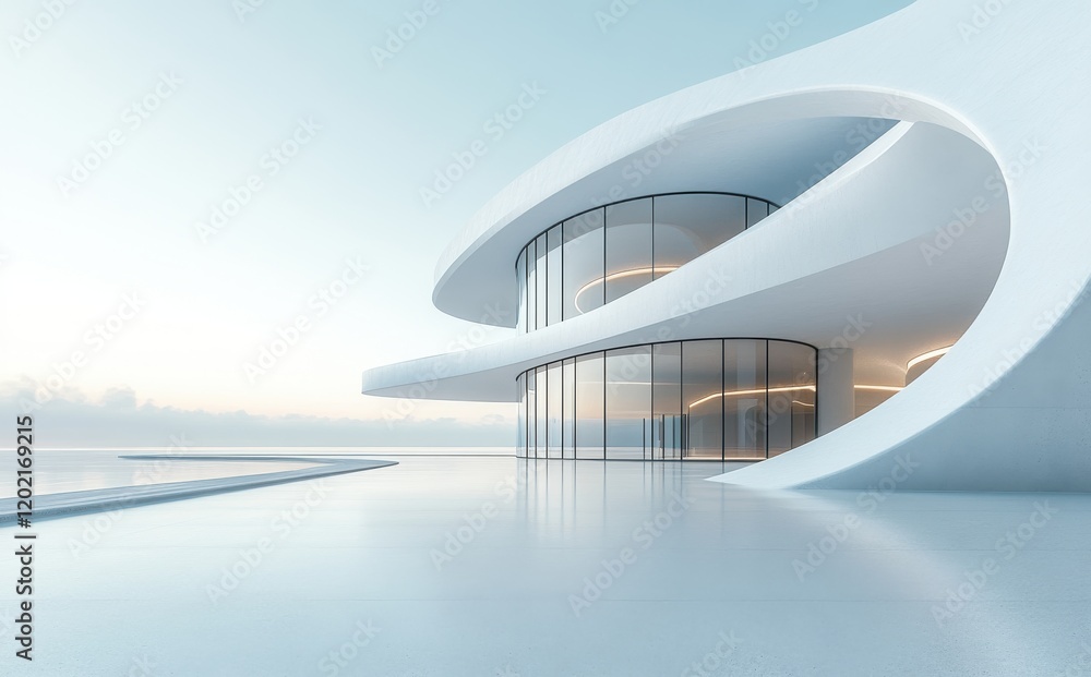 Fototapeta premium Modern Architectural Structure with Sleek Curved Design and Futuristic Aesthetic Set Against a Serene Sky and Reflective Surface in a Tranquil Environment