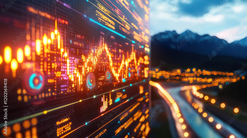 Fototapeta premium vibrant digital display shows financial data and graphs against scenic mountain backdrop, capturing essence of technology and nature