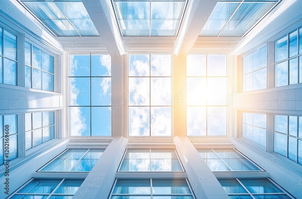 Fototapeta premium Modern Architecture View from Below Featuring Glass Windows and Bright Sky in Urban Environment