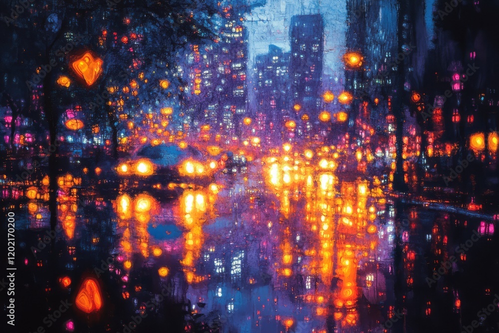 Fototapeta premium City Nightscape Reflected In Wet Pavement