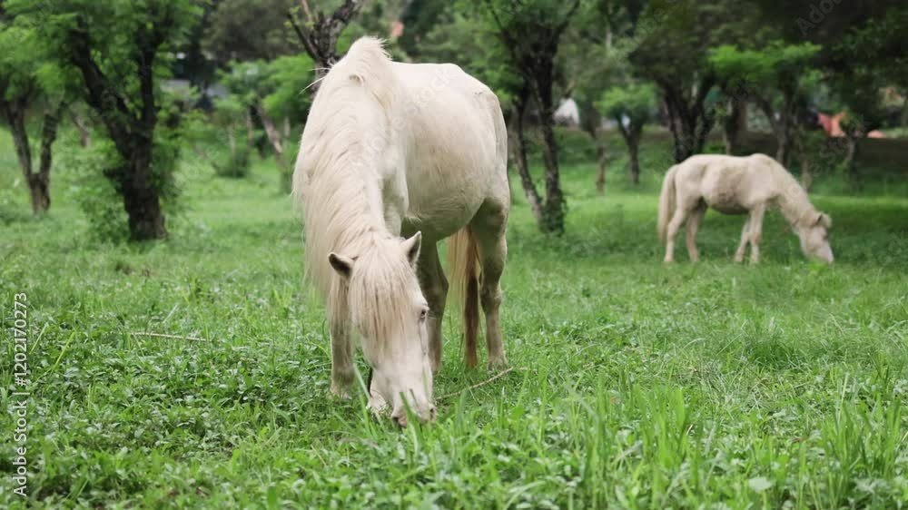 Beautiful white ponies grazes peacefully among tall grass. Beautiful white ponies grazes peacefully among tall grass.