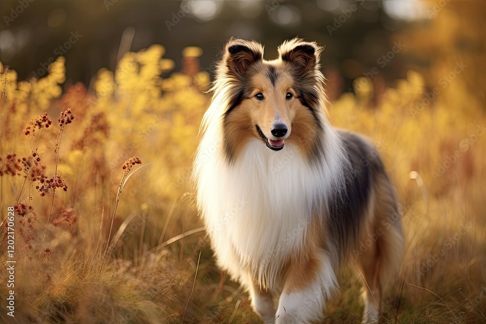 Beautiful Shetland Sheepdog in Autumn Meadow - Adorable Canino, Domestic Mammal, and Faithful Pet