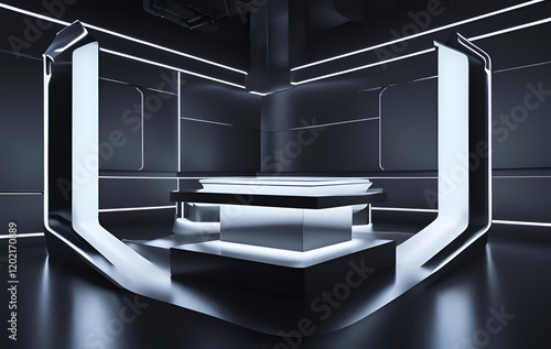 3d rendered black scientific stage with white neon lights geometric podium scifi stand, Futuristic and luxury empty stage center clean background
