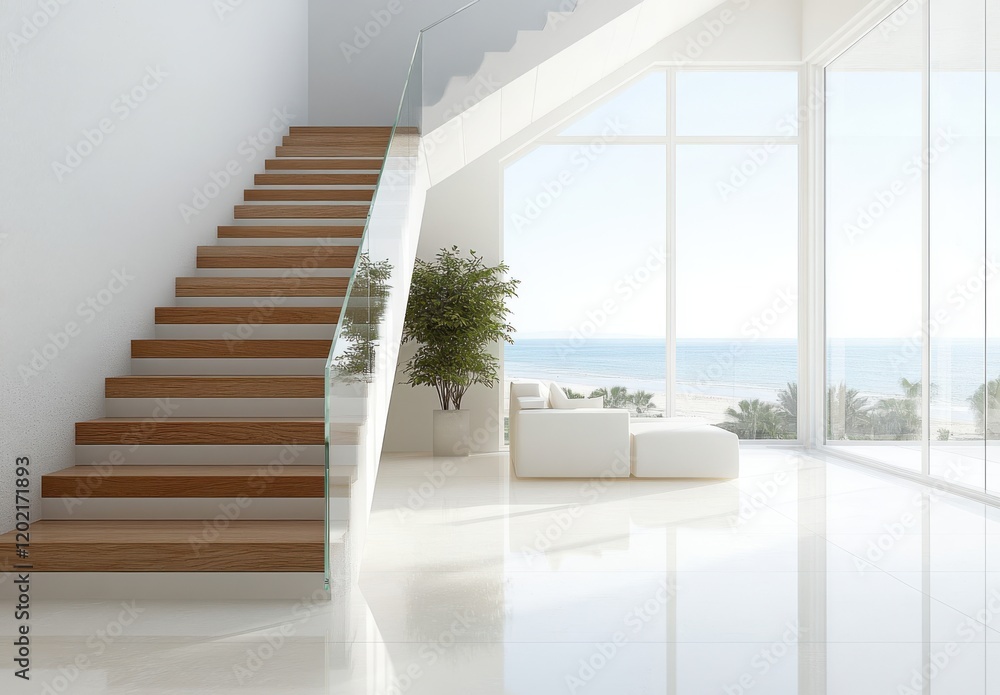 Fototapeta premium Modern Interior Design Featuring Bright Living Space with Elegant Staircase, Large Windows, and Scenic Ocean View in a Contemporary Home Environment