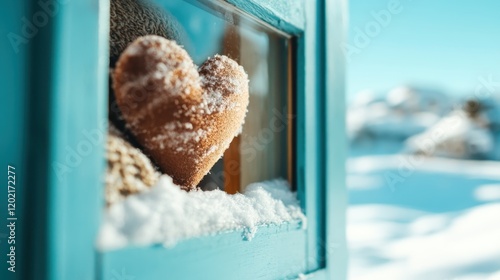 A heart-shaped ornament dusted with snow on a rustic blue window, juxtaposing the warmth of the heart with the chill outside, evoking homely warmth. photo