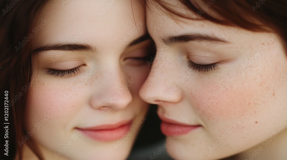 Close-Up Portrait of Sapphic Couple Embracing with Eyes Closed in Intimate Romantic Moment, Focus on Tender Connection and Beauty, Highlighting Love and Serenity in Everyday Life Setting Close-Up Portrait of Sapphic Couple Embracing with Eyes Closed in Intimate Romantic Moment, Focus on Tender Connection and Beauty, Highlighting Love and Serenity in Everyday Life Setting