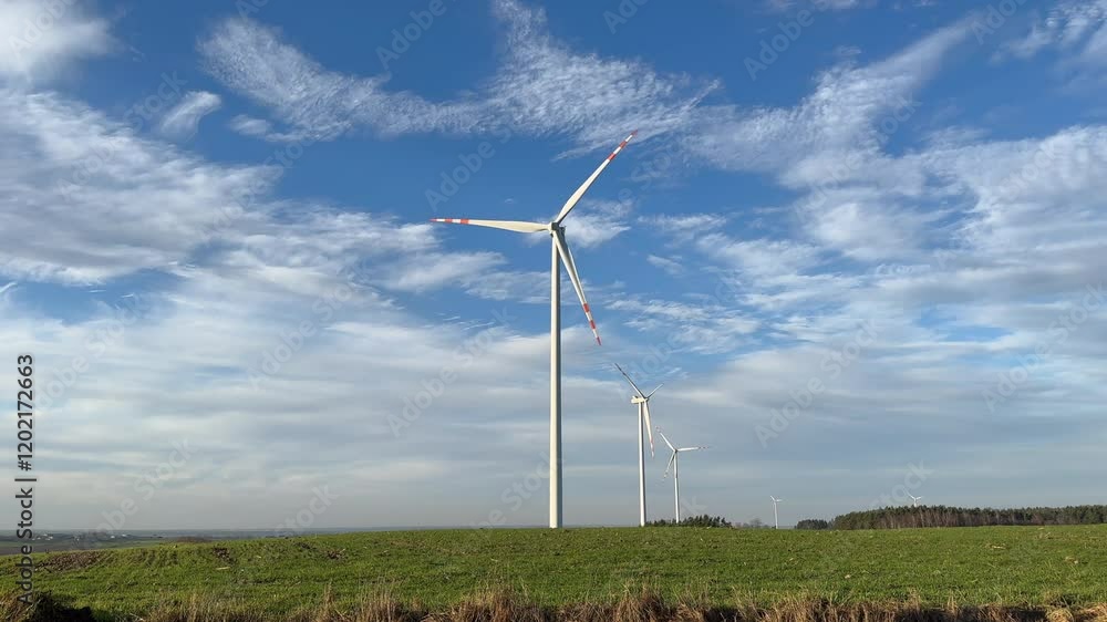 A scenic view of wind turbines on a grassy field under a bright blue sky with scattered clouds. One turbine is stationary, while others are operational, emphasizing renewable energy. A scenic view of wind turbines on a grassy field under a bright blue sky with scattered clouds. One turbine is stationary, while others are operational, emphasizing renewable energy.