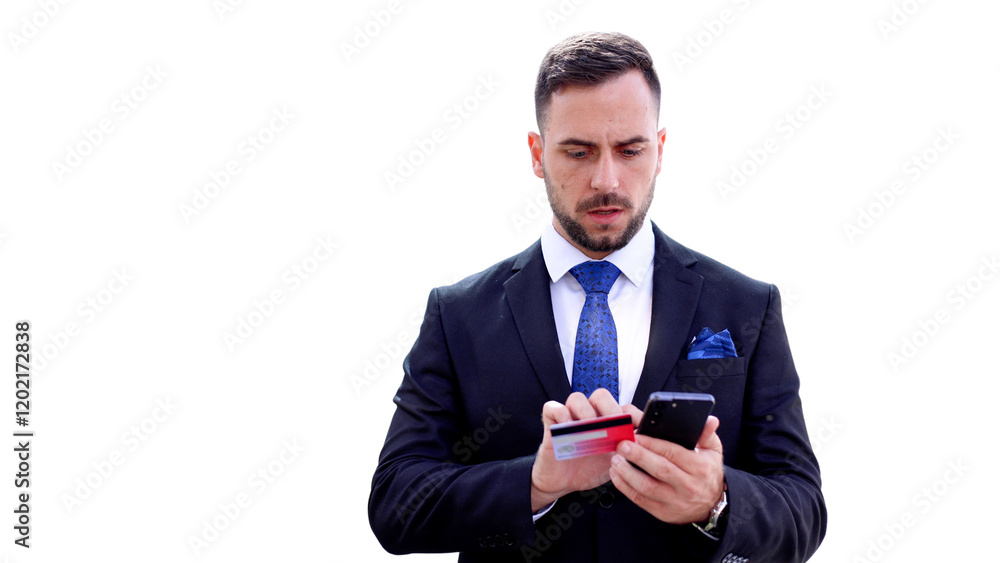 Handsome young businessman in a suit using his smartphone and shopping online Handsome young businessman in a suit using his smartphone and shopping online