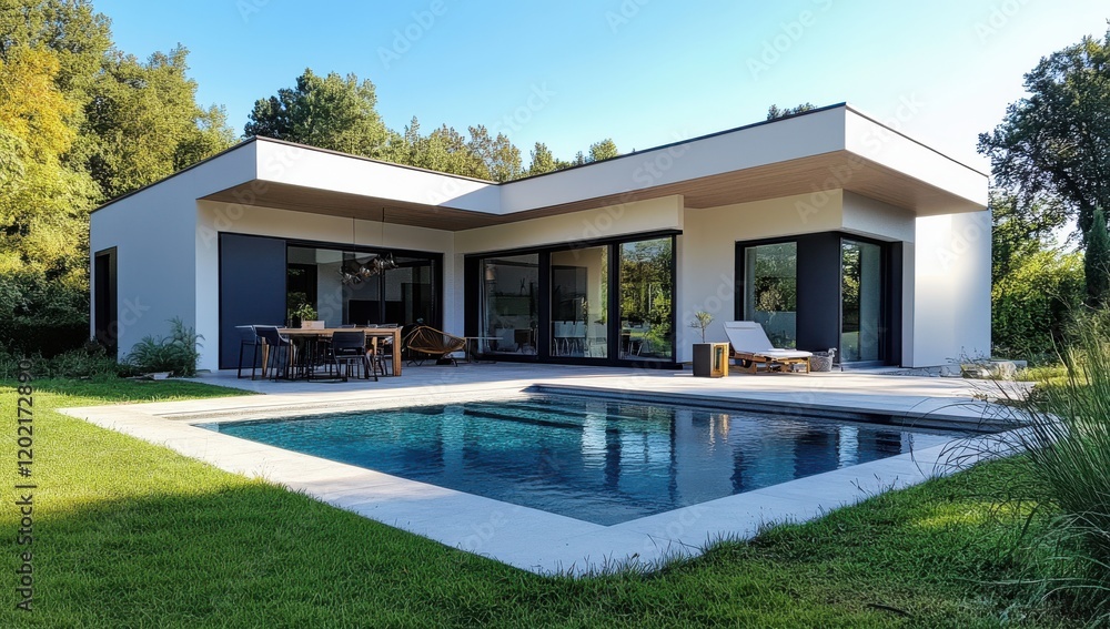 Fototapeta premium Modern minimalist house with large windows and pool in a serene garden setting, showcasing luxurious outdoor living and architectural elegance in natural surroundings.