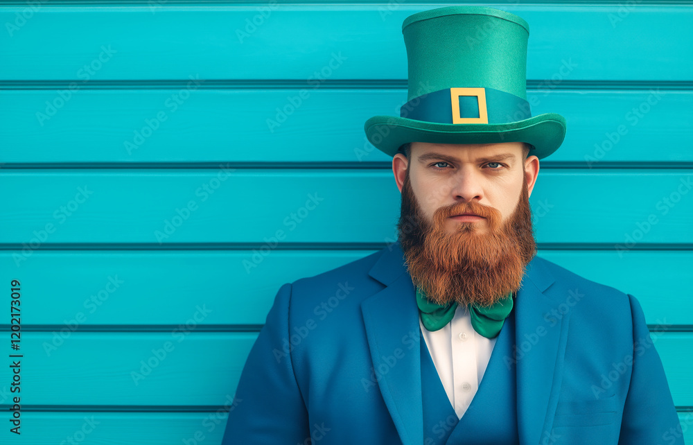 Serious businessman wearing leprechaun hat celebrating saint patrick's day posing in front of wooden wall Serious businessman wearing leprechaun hat celebrating saint patrick's day posing in front of wooden wall