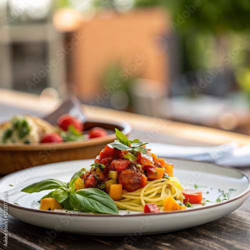Tasty food isolated and tomato with noodles and mixed food