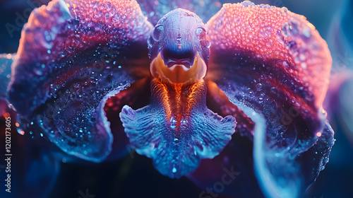 A dramatic close-up of an orchid’s intricate center, showcasing its vibrant colors and textures, during a macro studio shot