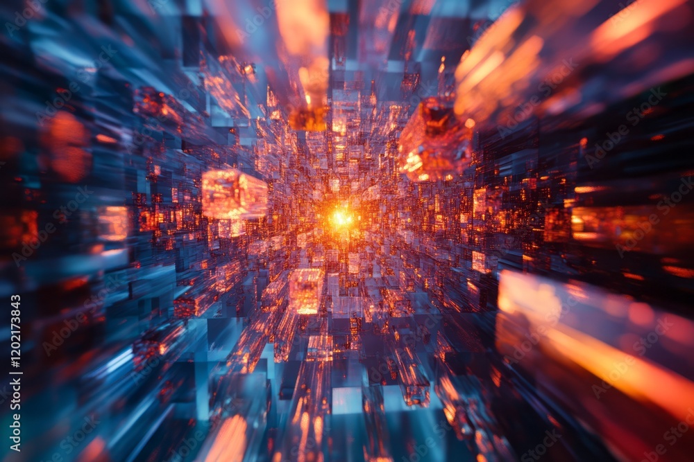 Obraz premium Abstract Digital Cityscape Glowing Orange Blue Cubes
