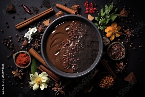Delicious Dark Chocolate Ganache in a Black Bowl: Ingredients for Making an Epicurean, Organic, Sweet Dessert with Cocoa Sirup and Cream (Top View