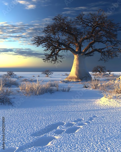 A solitary baobab tree with a robust trunk and minimal branches, centered on a seamless white surface photo