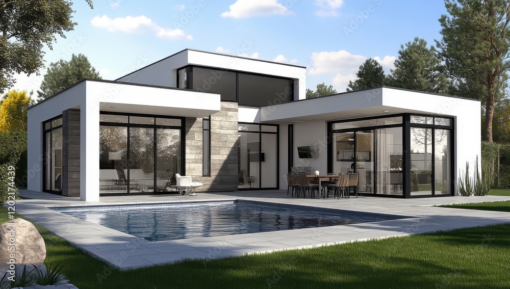 Modern minimalistic house design with large glass windows and outdoor swimming pool surrounded by green landscape in bright daylight Modern minimalistic house design with large glass windows and outdoor swimming pool surrounded by green landscape in bright daylight