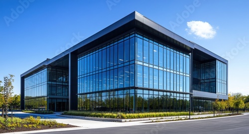 Wallpaper Mural Modern Office Building with Large Glass Facades and Green Surroundings in Bright Blue Sky, Showcasing Contemporary Architecture and Design Aesthetic Torontodigital.ca