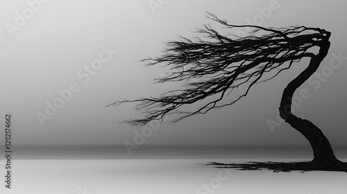 A windswept tree with dramatic leaning branches and sparse foliage, isolated on a solid white background