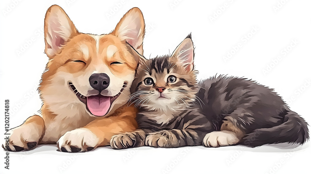 Fototapeta premium Joyful dog and cat relaxing together at home, cut out transparent