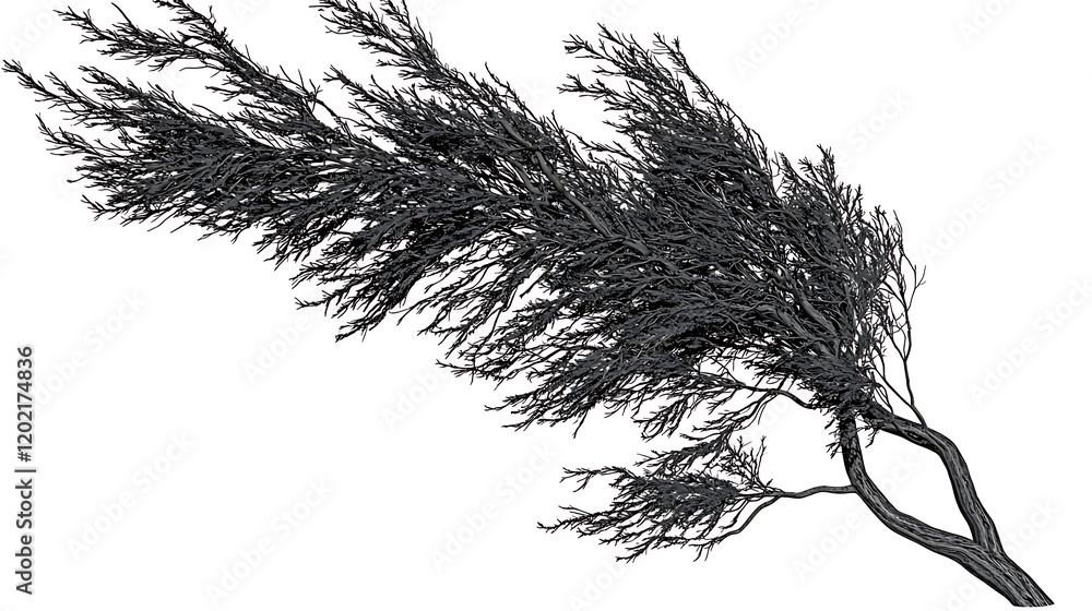 Obraz premium A windswept tree with dramatic leaning branches and sparse foliage, isolated on a solid white background