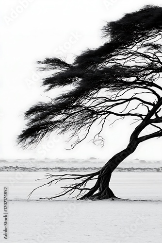 A windswept tree featuring dynamic, leaning branches and sparse foliage, set on a plain white background