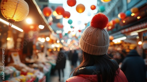 A woman with a vibrant beanie immersed in a bustling market, surrounded by a dazzling array of colorful lanterns, creating an atmosphere of culture and festivity. photo