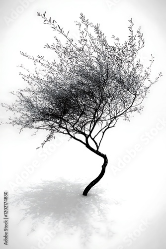 A windswept tree featuring dynamic, leaning branches and sparse foliage, set on a plain white background