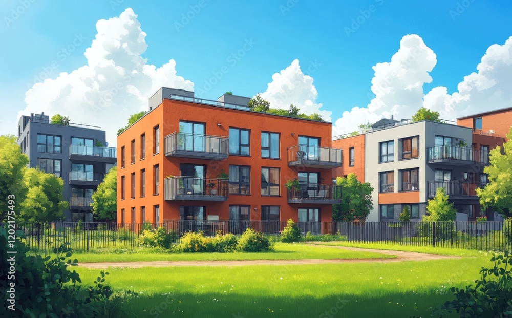Modern Residential Buildings Surrounded by Lush Greenery Under a Bright Blue Sky with Fluffy Clouds, Showcasing Contemporary Design and Urban Living Modern Residential Buildings Surrounded by Lush Greenery Under a Bright Blue Sky with Fluffy Clouds, Showcasing Contemporary Design and Urban Living
