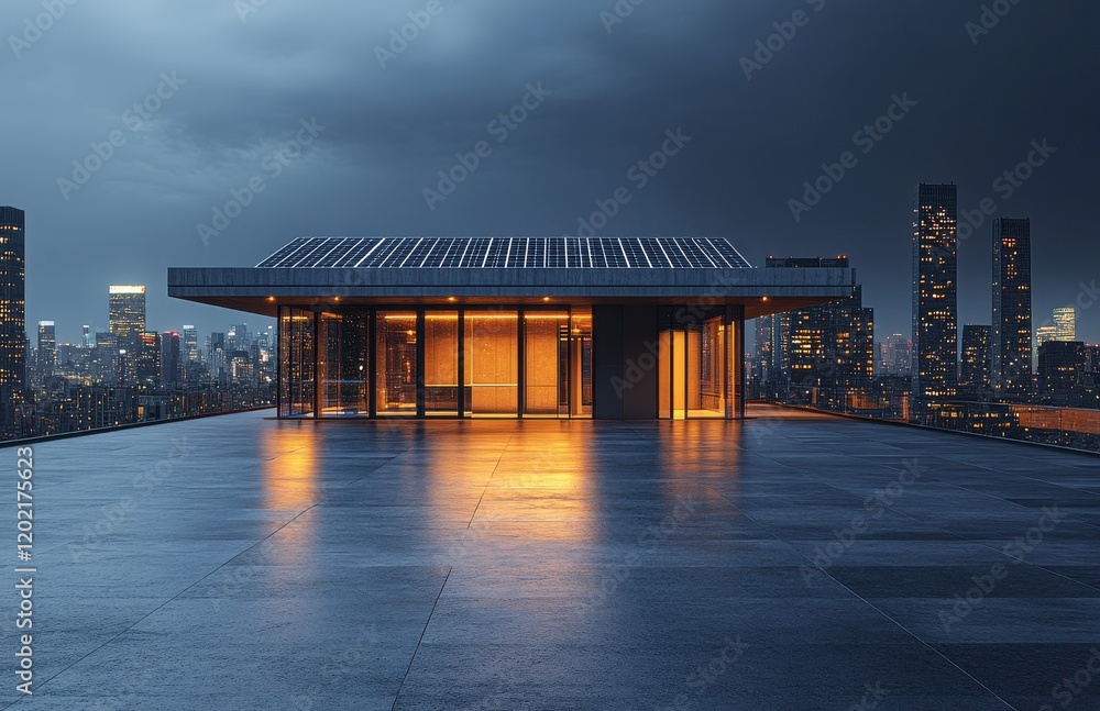 Modern rooftop house with solar panels, illuminated against a dramatic skyline during dusk, showcasing sustainable architecture and urban living in a city environment. Modern rooftop house with solar panels, illuminated against a dramatic skyline during dusk, showcasing sustainable architecture and urban living in a city environment.