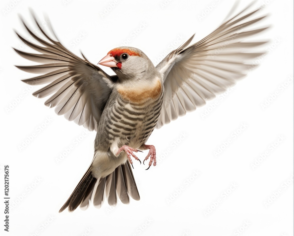 Fototapeta premium Finch in Flight: Stunning Zebra Finch Bird with Cut-Out Feather Flying Alone on Beige and Brown Background