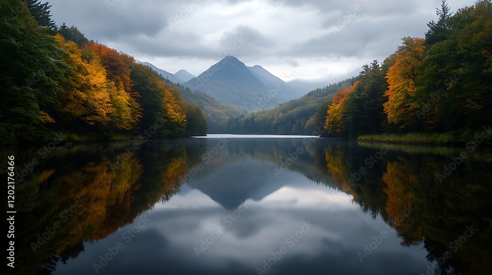 Serene autumn landscape reflecting mountains and colorful trees in a tranquil lake Serene autumn landscape reflecting mountains and colorful trees in a tranquil lake