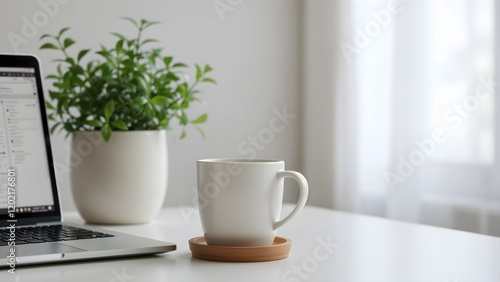 Wallpaper Mural Modern desk setup featuring a laptop, coffee cup and plant, creating a calming workspace perfect for remote work - creative projects or studying Torontodigital.ca