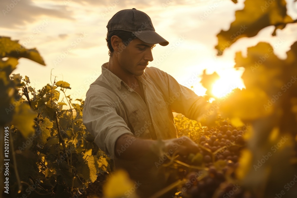 Fototapeta premium Vineyard Worker Harvesting Grapes at Sunset