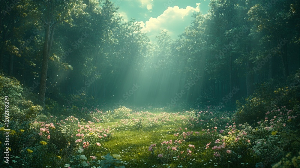 Fototapeta premium Sunlit Forest Path, Flowers, Magical, Spring, Fantasy, Nature, Background, Wallpaper