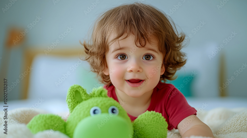 Toddler Playing With Toys on Soft Blanket at Home, Adorable Child With Green Plush Dinosaur, Cuddly Childhood Moment Indoors Captured in Warm Natural Light Toddler Playing With Toys on Soft Blanket at Home, Adorable Child With Green Plush Dinosaur, Cuddly Childhood Moment Indoors Captured in Warm Natural Light