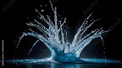 Dynamic spray of water captured in motion, creating a vibrant and energetic composition with a black background.

