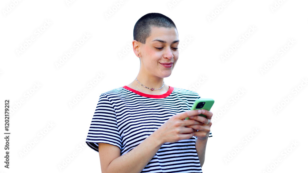 Beautiful, young short-haired woman enjoying and using smartphone Beautiful, young short-haired woman enjoying and using smartphone