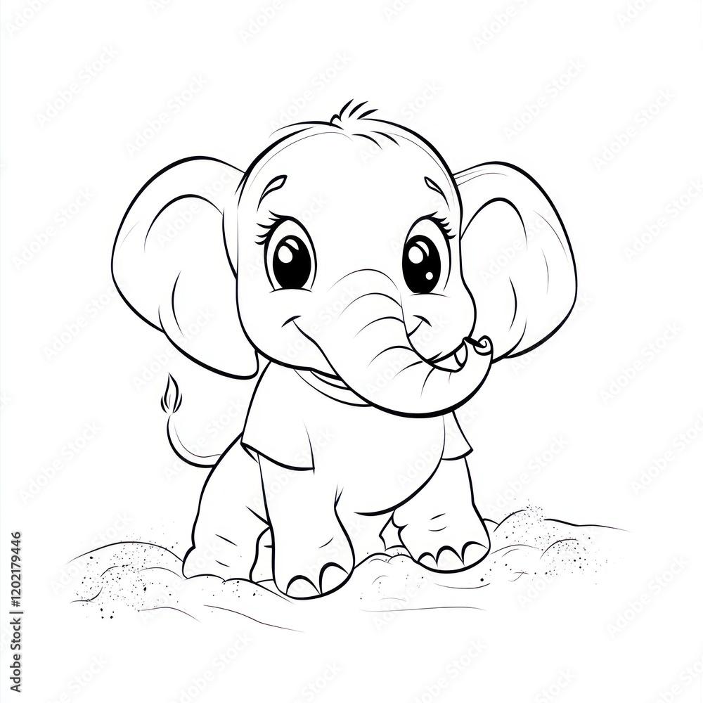 Cute baby elephant cartoon, sitting on sand, playful expression, coloring page Cute baby elephant cartoon, sitting on sand, playful expression, coloring page
