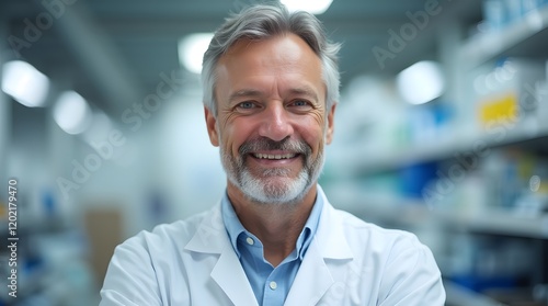Middle-Aged Biologist Posing for Camera in Laboratory