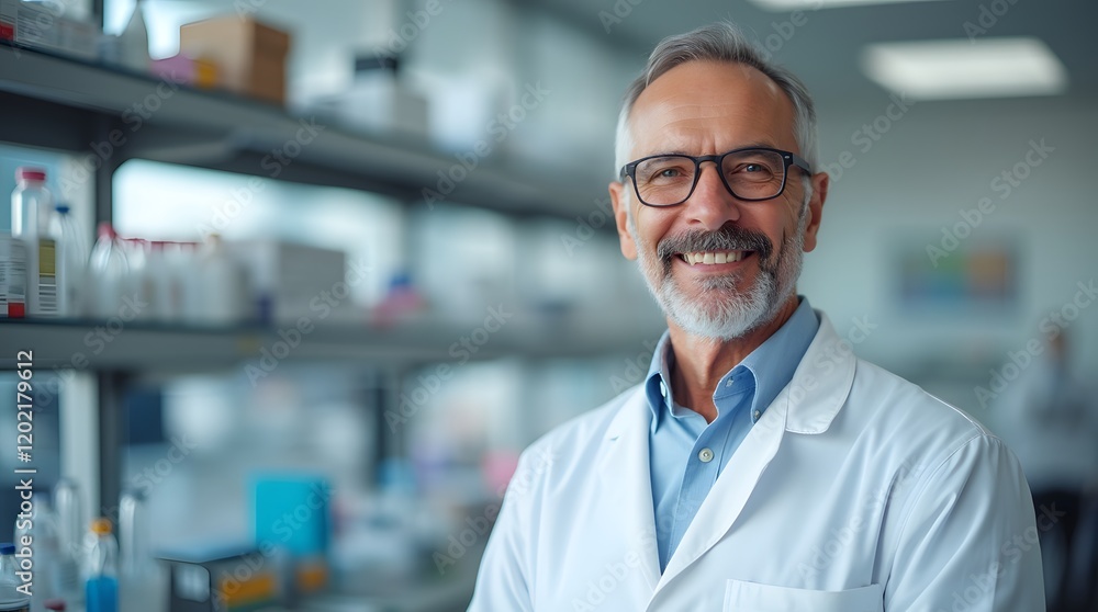 Smiling Senior Scientist in Laboratory Setting with Greenery Smiling Senior Scientist in Laboratory Setting with Greenery