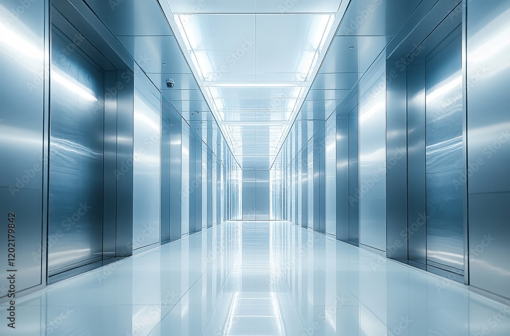 Sleek and Modern Elevator Hallway with Shiny Metal Finishes and Bright Lighting Creating a Luxurious and Contemporary Atmosphere for Urban Architecture Sleek and Modern Elevator Hallway with Shiny Metal Finishes and Bright Lighting Creating a Luxurious and Contemporary Atmosphere for Urban Architecture