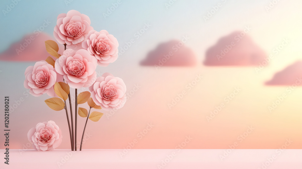 Obraz premium Beautiful pink roses with soft clouds in pastel sky create serene and romantic atmosphere. This illustration captures essence of tranquility and elegance
