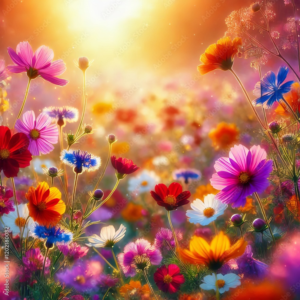 Obraz premium A colorful wildflower meadow in full bloom, with soft sunlight streaming through, casting a warm glow on the vibrant petals