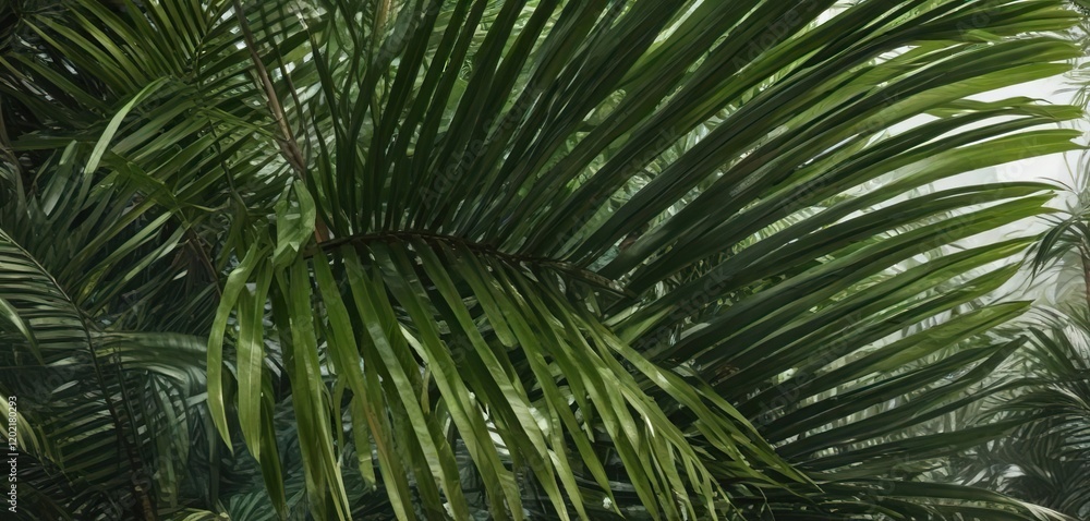 Obraz premium Close-up of a single large tropical palm frond with intricate details, plant detail, , natural texture
