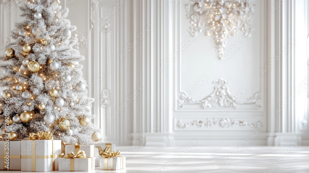 White Christmas Tree with Gold Ornaments and Presents White Christmas Tree with Gold Ornaments and Presents