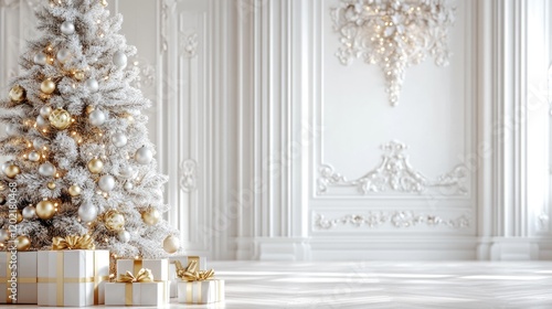 White Christmas Tree with Gold Ornaments and Presents